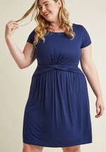 As you debut this navy blue dress at an early meeting, you win over your coworkers with your fantastic points of view! Twirling a knotted waist and soft jersey knit into a totally sophisticated look, this ModCloth-exclusive frock proves that a proper ense by MDD1068