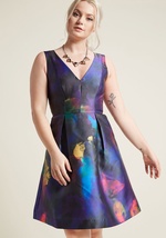 Party people over here, take a look at this ModCloth-exclusive dress! Perfect for office-to-after-party and any event in-between, this black garment features a V-neckline, pleated skirt, roomy pockets with a satiny lining, and a metallic-threaded pink lip by 1618