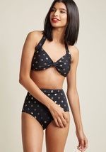 Inspired by our favorite beach party film, this black swimsuit top is flattering on many body types. Designed by the iconic Esther Williams and featuring a print of metallic gold dots, supportive side boning, and touches of ruching, this sassy, ModCloth-e by E09166