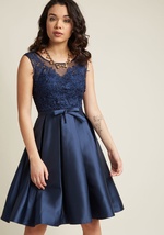 Thinking this navy fit and flare dress is the ultimate option for that special occasion on the horizon? You're 'glam' right it is! A ModCloth exclusive, this sleeveless frock stuns with its ornate lace bodice, bow-detailed waistline, and full, pleated ski by 8444-1