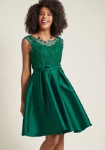 Thinking this green fit and flare dress is the ultimate option for that special occasion on the horizon? You're 'glam' right it is! A ModCloth exclusive, this sleeveless frock stuns with its ornate lace bodice, bow-detailed waistline, and full, pleated sk by 8444-1