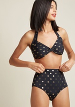 Inspired by our favorite beach party film, this black swimsuit bottom is flattering on many body types. Designed by the iconic Esther Williams and featuring a print of metallic gold dots, low-cut legs, and touches of ruching, this high-waisted, ModCloth-e by E35166