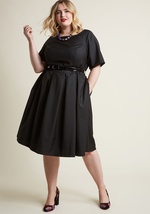 This pleated midi dress from our ModCloth namesake label pulls from Parisian style and Americana allure alike! Tailored with a bateau neckline, half sleeves, a broad, belted waistline, and box pleats, this pocketed black frock displays the finest features by MCD1422