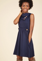 This deep blue dress is so magical, it makes you long for somewhere special and new to wear it. Take the foldover collar, embellished waistband, and decorative buttons of this knit ModCloth exclusive on a scenic getaway to actualize your stylish ambitions by PL52806