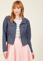 Swap out that blazer for this navy blue jacket and get to sippin' lemonade tout suite! This cotton twill anorak from our ModCloth namesake label adds charm to your relaxing holiday with petite shoulder ruffles, chest and side pockets, and a subtle peplum  by 