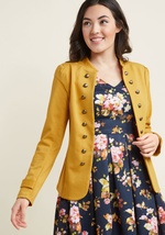 Need a pinch? Wearing this tailored, black blazer totally feels like a dream! Graced with a chic stand-up collar, rows of gold, military-inspired button accents, and tabs at each sleeve, this knit layer from our ModCloth namesake label is almost too chic  by MDO1022