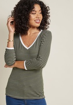 Give your basic tees a boost by adding details with a little oomph! This ModCloth namesake label top's light grey hue, navy stripes, coordinating trim, and V-neckline take a classic 3/4-sleeved top and turn it into an eye-catching separate that'll add ene by MCT1410