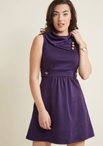 This deep plum dress is so magical, it makes you long for somewhere special and new to wear it. Take the foldover collar, embellished waistband, and decorative buttons of this knit ModCloth exclusive on a scenic getaway to actualize your stylish ambitions by PL52806