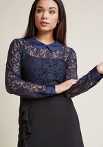 Get ready to break records for pioneering the most alluring look around with this midnight blue lace top! Polished with a solid collar and cuffs, yet made all the more captivating with sheer fabric offering the perfect amount of stretch, this ModCloth nam by MCT1057