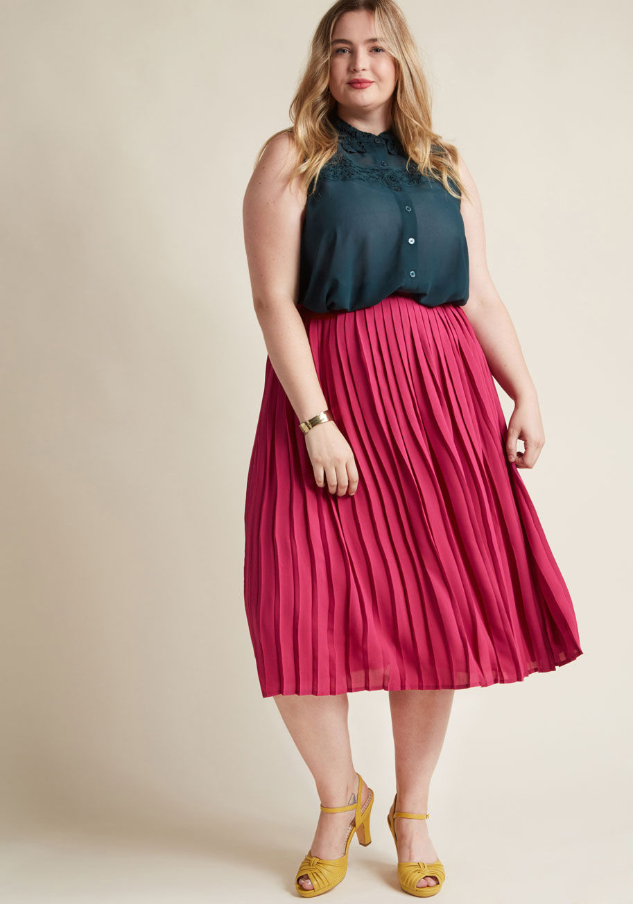  - Accessorizing this pleated skirt with an optimistic attitude is one sure way to achieve your aspirations! A high-waisted A-line from our ModCloth namesake label, this magenta bottom boasts a guided, glamorous vibe.