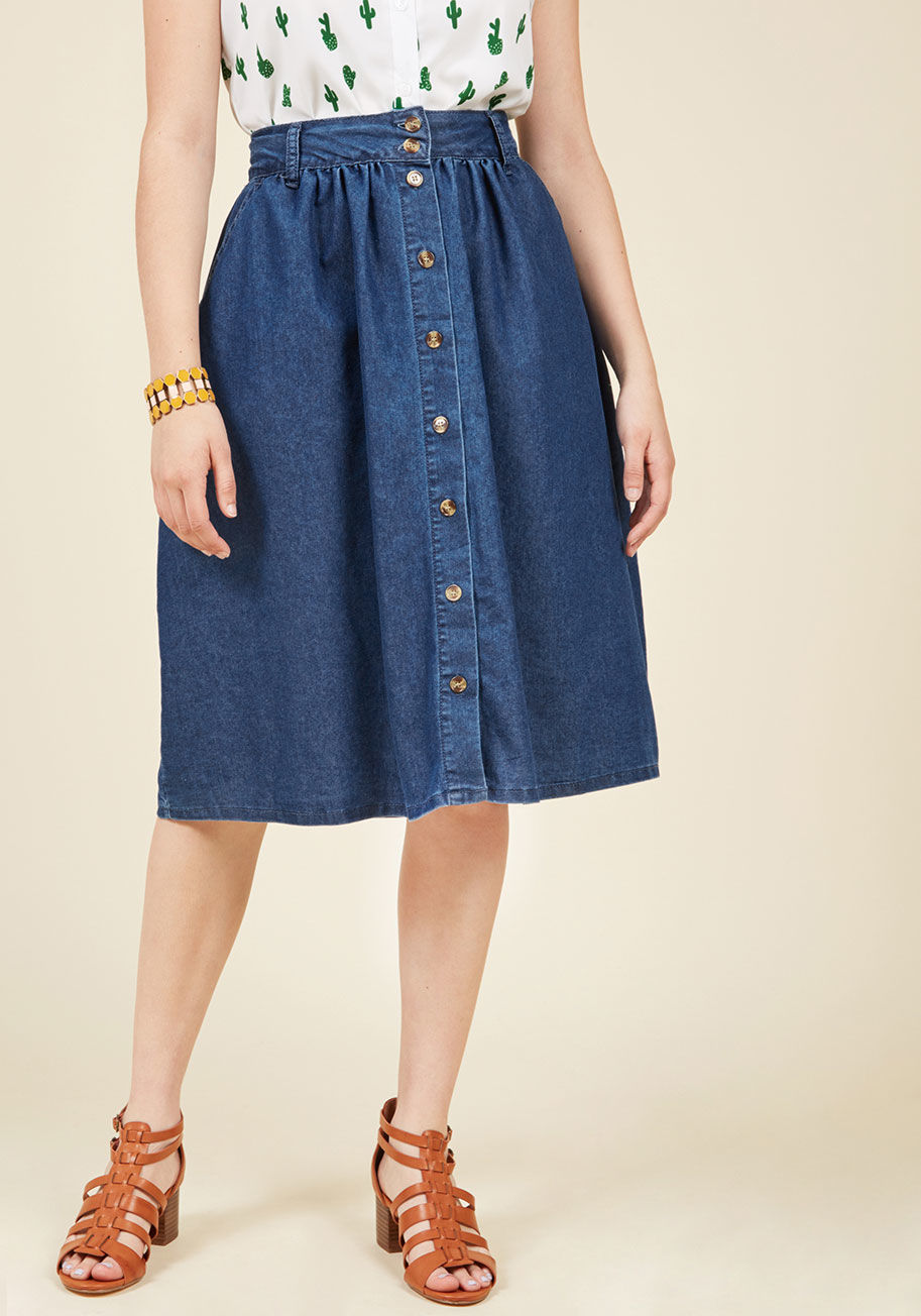  - Allow your eyes to be opened to the wonderful ways of this dark wash midi skirt from our ModCloth namesake label! This button-up bottom is made of a lightweight denim, it's fitted at the waist - flaunting belt loops and glam gathering - and it features tr