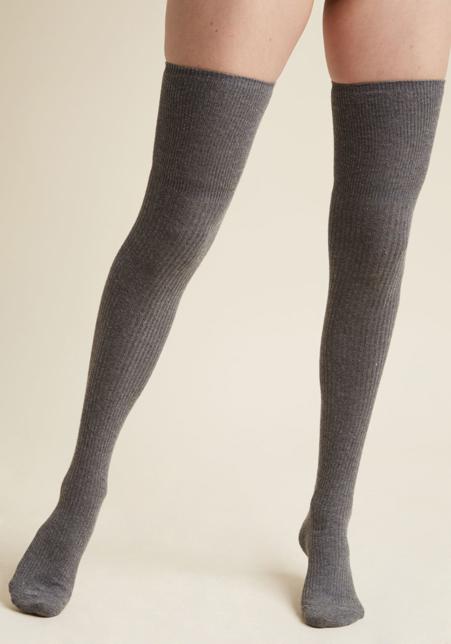  - Consider this your official notification that these heather grey over-the-knee socks are the coziest around! Simple and stylish, with subtle ribbing and a soft knit, these thigh highs are prepared to equip you with cute comfort from fall through to spring