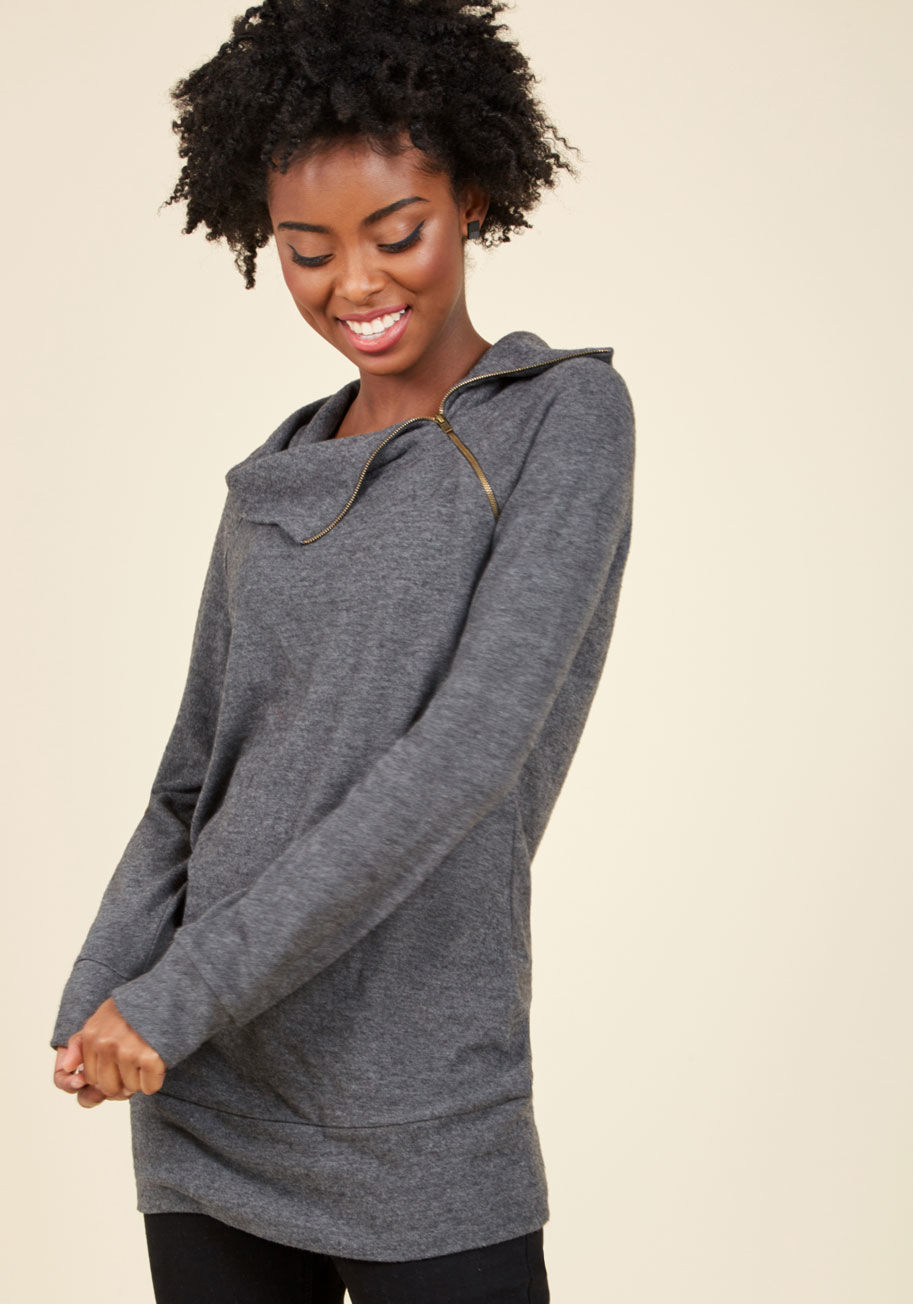  - Cozy as can be - that&rsquo;s how you feel every time you slip into this ModCloth-exclusive sweater! Its fern green hue can be worn anywhere, however you just love to sport its ultra-soft fabric, asymmetrical zipper, and foldover neckline by the fire with