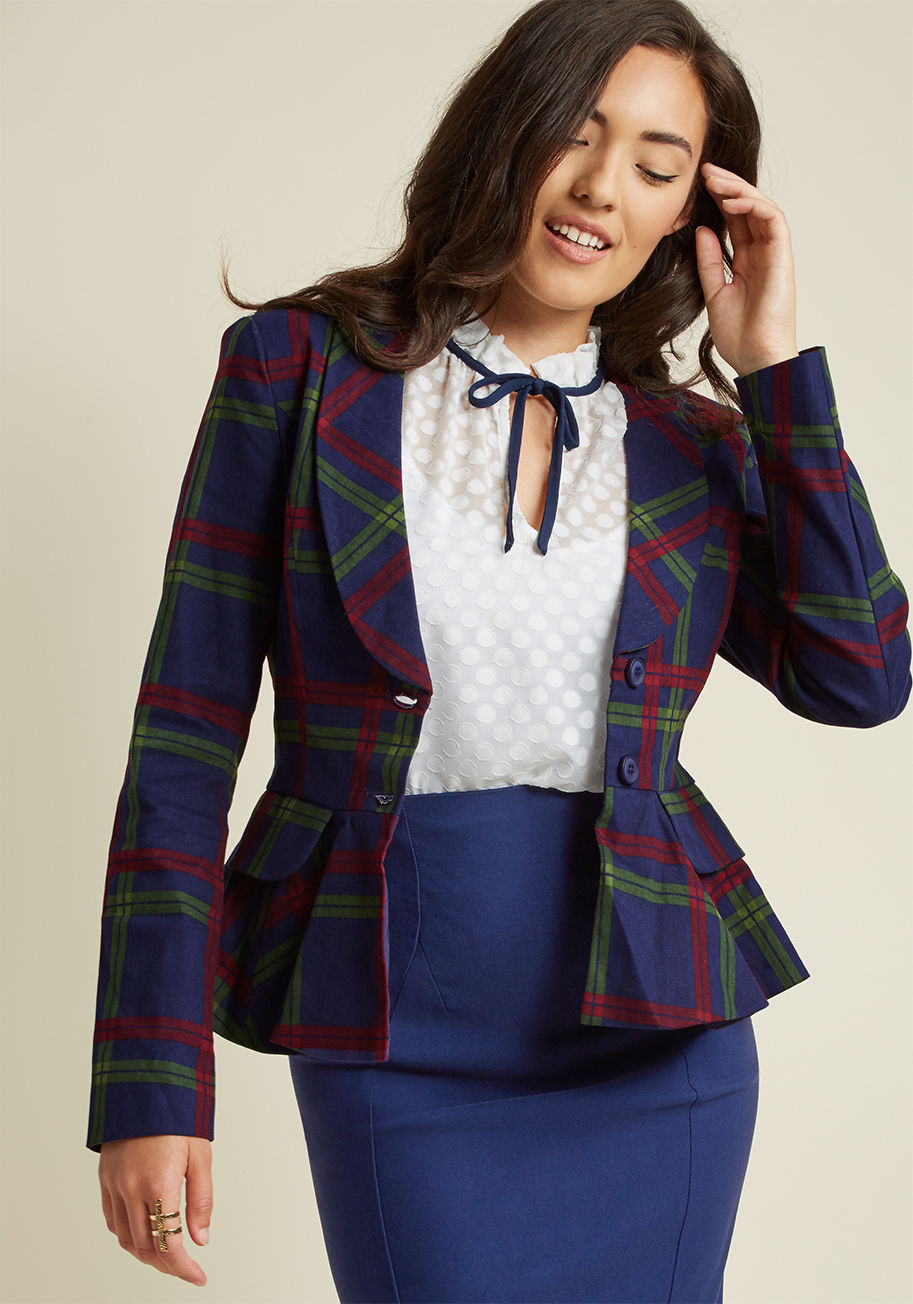  - Did somebody say plaid jacket? With an announcement like that, you've got our full attention! This navy blazer from Collectif packs plenty of sass and vintage-inspired personality through curved lapels, flap pockets, a peplum waistline, and burgundy and g