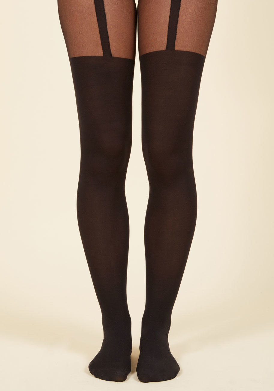  - Dive into a whole new world of style with these opaque black tights. Featuring sheer panels at the thighs with faux garter straps, this sassy pair adds an air of allure to your favorite ensembles. So, take the plunge and add this chic hosiery to your ward