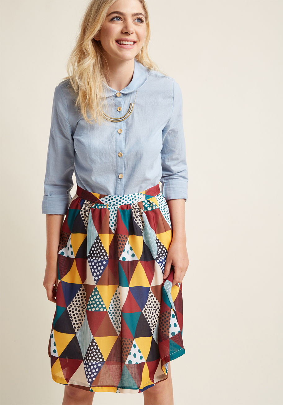  - Do you find yourself adoring this A-line skirt with frequency? Go on and take it for a spin! There's only one way to discover if you love the high waistline, swingy cut, and patchwork of stripes, dots, solid hues, and diamond shapes that comprise this sta