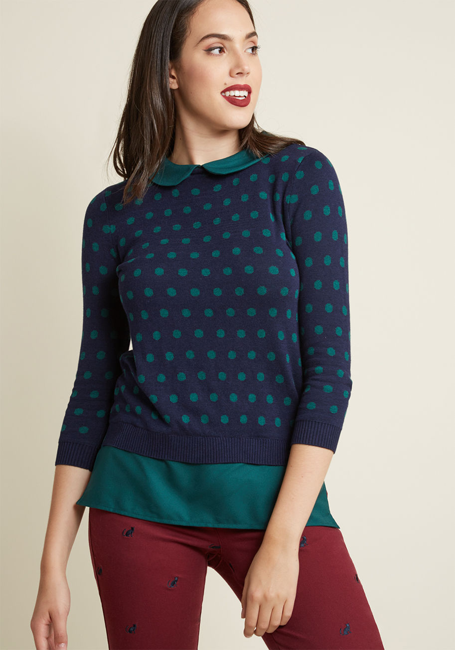  - Even when every detail of your day is planned, this polka-dotted sweater maintains the spirit of spontaneity! A ModCloth exclusive made from cotton-modal knit, this navy blue pullover touts peeks of forest green