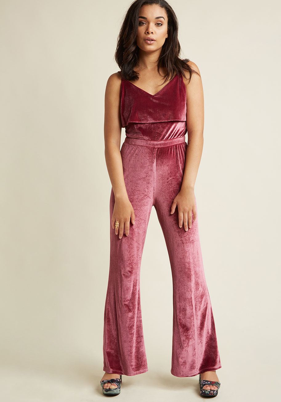  - Everyone'll be talking about your glam gumption from the moment you debut this velvet jumpsuit from Jack by BB Dakota! Radiating a rich rose hue from its adjustable straps, tiered bodice, and flared legs, this wowing one piece is stylish spunk, embodied.