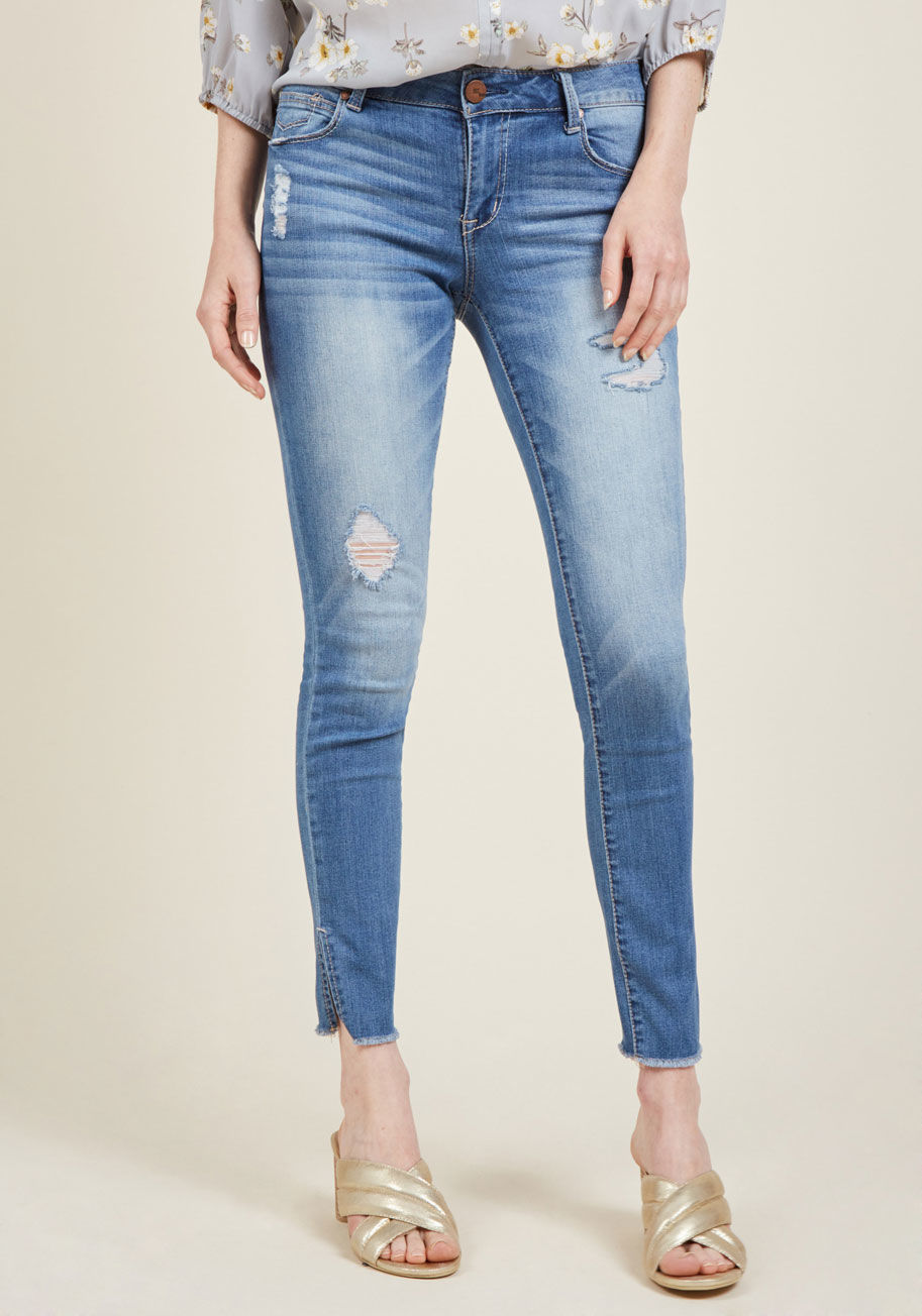  - Flaunting these light-wash jeans will become just as routine as your weekly gathering with the gals! Distressed to perfection and designed with a touch of stretch, this five-pocketed pair is up for any and all friend adventures that pop onto the agenda.