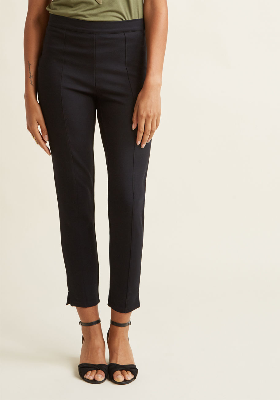  - For tonight&rsquo;s on-the-town adventure, you want to look mighty chic &lsquo;til morning! Knowing comfort is key for longevity, you choose these sleek olive pants - part of our ModCloth namesake label. With a close fit, sharp front seams, and slight ven