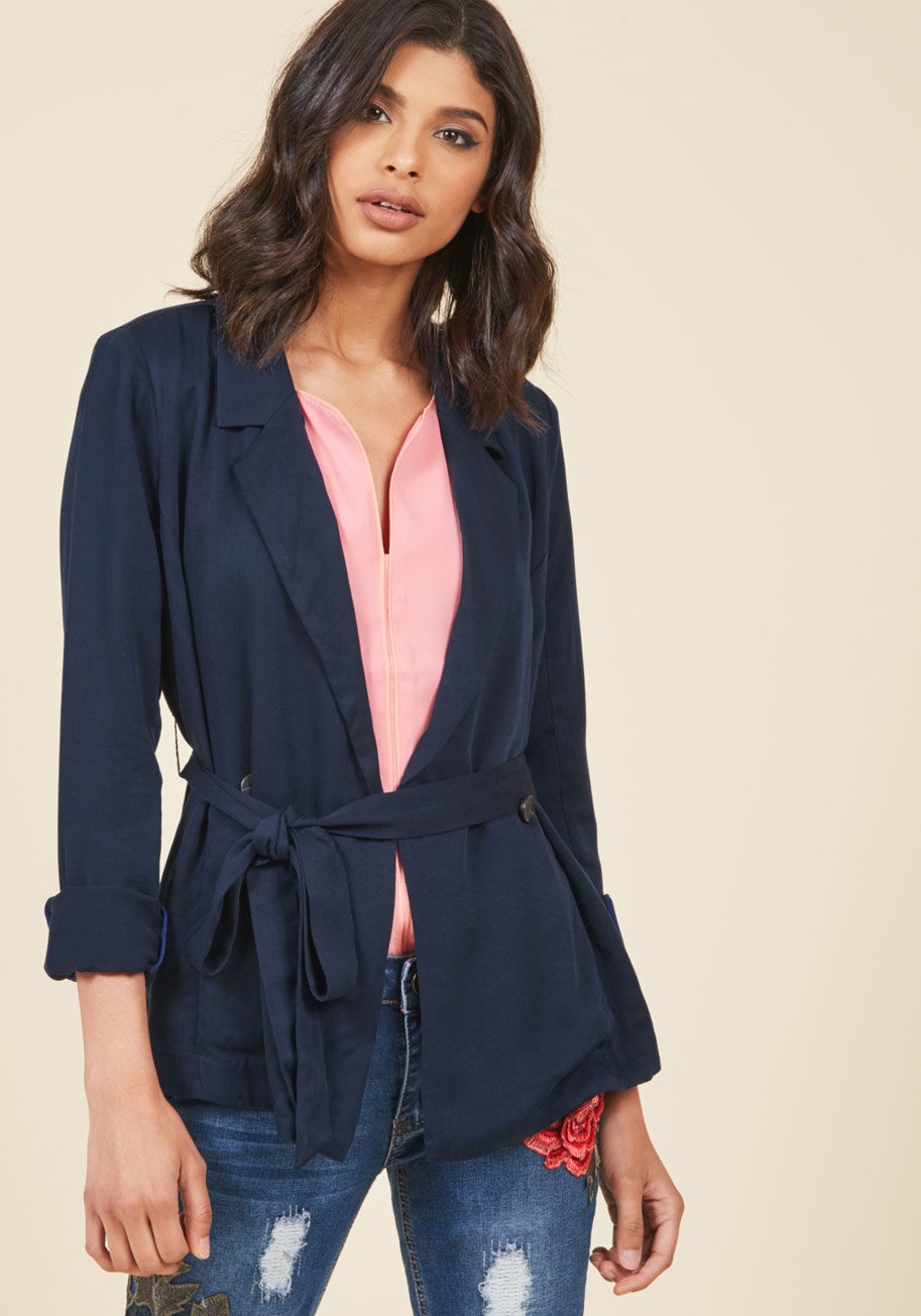  - From days at the office to nights on the town, this navy drape blazer feels absolutely 'you' through and through. Finished pockets, double-breasted buttons, and a waist-cinching sash all contribute to the authentic feel of this ModCloth namesake label lay