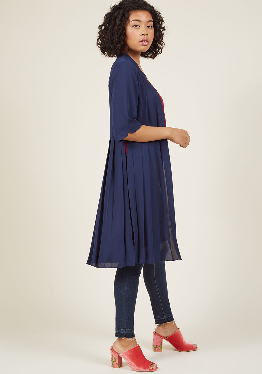  - If it's a stylish, vintage-inspired twist you seek, let this navy jacket guide you to sentimental looks aplenty! By layering the half sleeves, crisp pleats, and high-vented sides of this ModCloth-exclusive beauty atop your dresses and separates, your outf