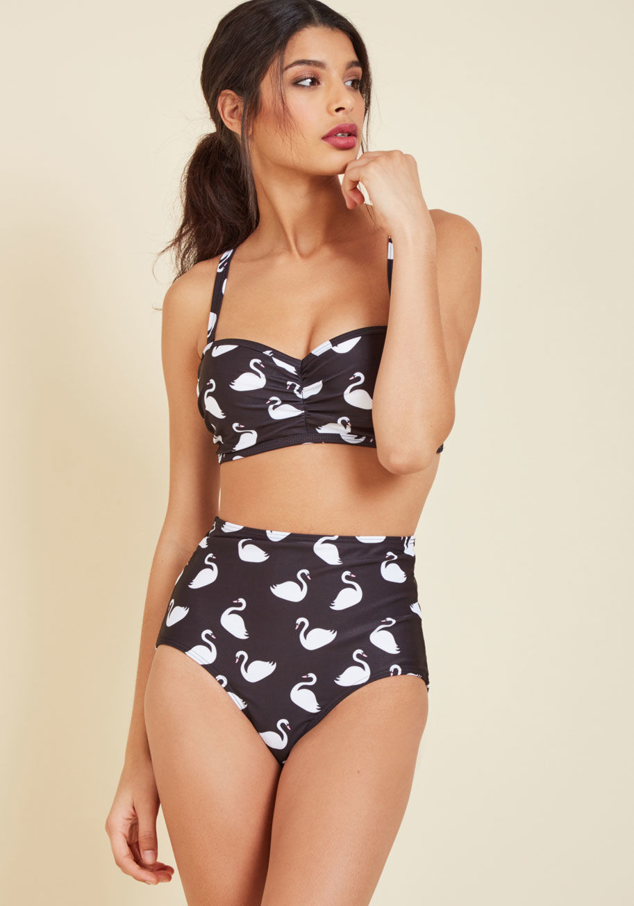  - In these black swimsuit bottoms, the sand becomes your runway, and the frothy waves your adoring audience! A retro, high-waisted silhouette ups the comfort of this High Dive by ModCloth pair, while its white swan print makes every twirl