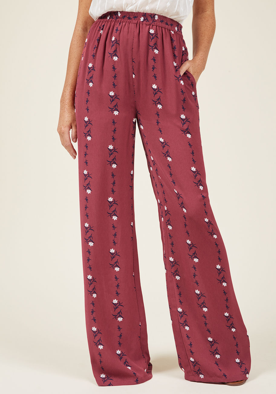  - In these comfy pants, you've got 'flair' down to there and you aren't afraid to flaunt it! A fab look from our ModCloth namesake label, these berry-colored bottoms boast an elasticized waist, pockets, and loose legs patterned with white flowers 'n' blue v