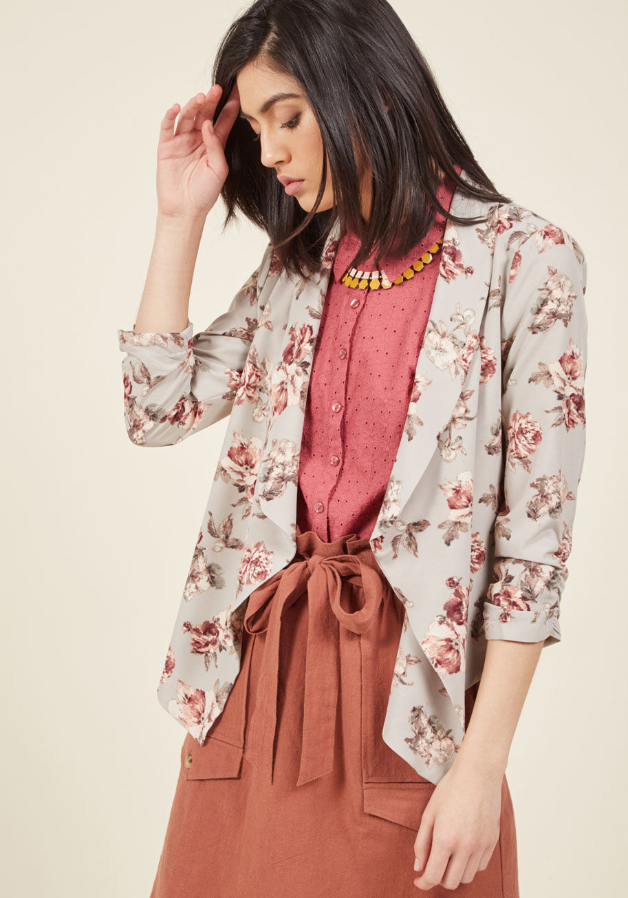  - In this green jacket, you look fittingly lively for planning events, designing campaigns, and beyond. The ruched sleeves, cacti print, and pointed hem of this sheer, ModCloth-exclusive layer inspire you to lead brainstorm sessions and conference calls wit