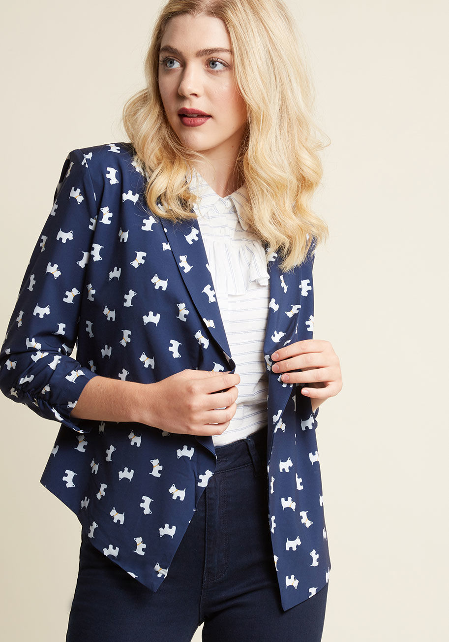  - In this navy blue jacket, you look fittingly lively for planning events, designing campaigns, and beyond. The ruched sleeves, West Highland White Terrier print, and pointed hem of this sheer, ModCloth-exclusive layer inspire you to lead brainstorm session