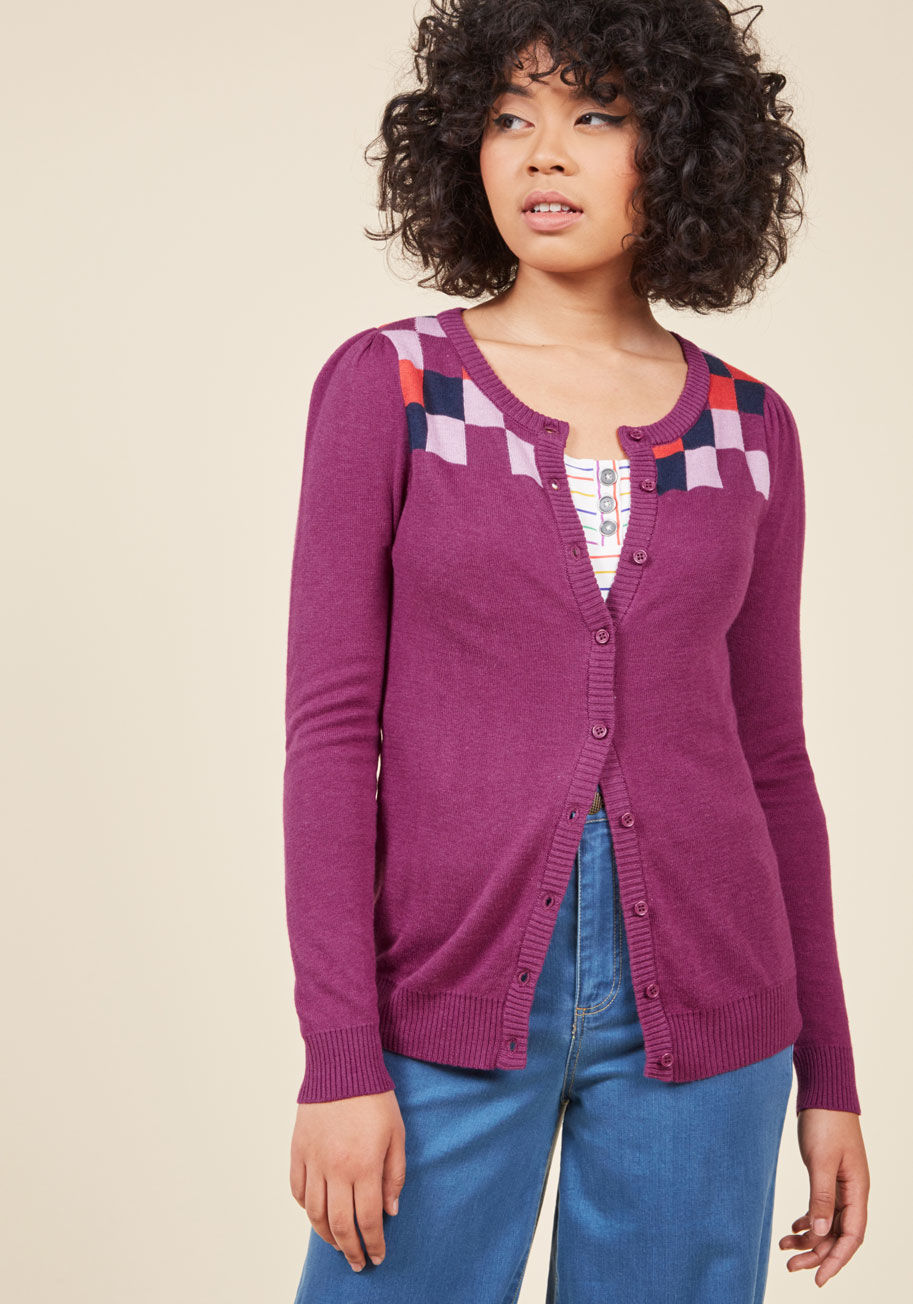  - It&rsquo;s simple to practice the importance of being present with this fuchsia cardigan from our ModCloth namesake label. With a lilac, poppy, and navy square motif detailing its yoke and slightly puffed shoulders, this button-front sweater packs every m