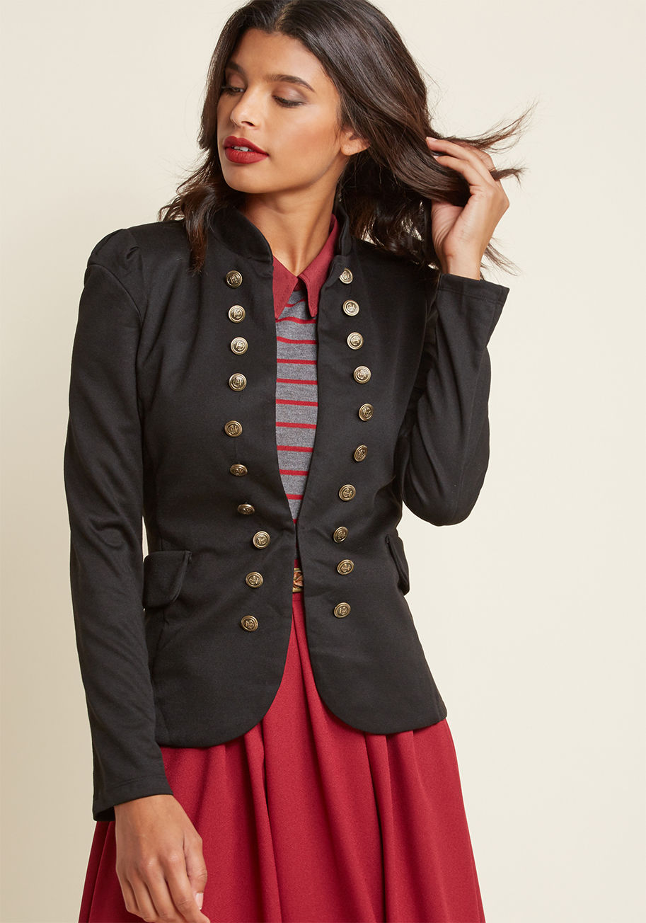  - Need a pinch? Wearing this tailored, navy blue blazer totally feels like a dream! Graced with a chic stand-up collar and rows of gold, military-inspired button accents, this knit layer is almost too cute to be true!