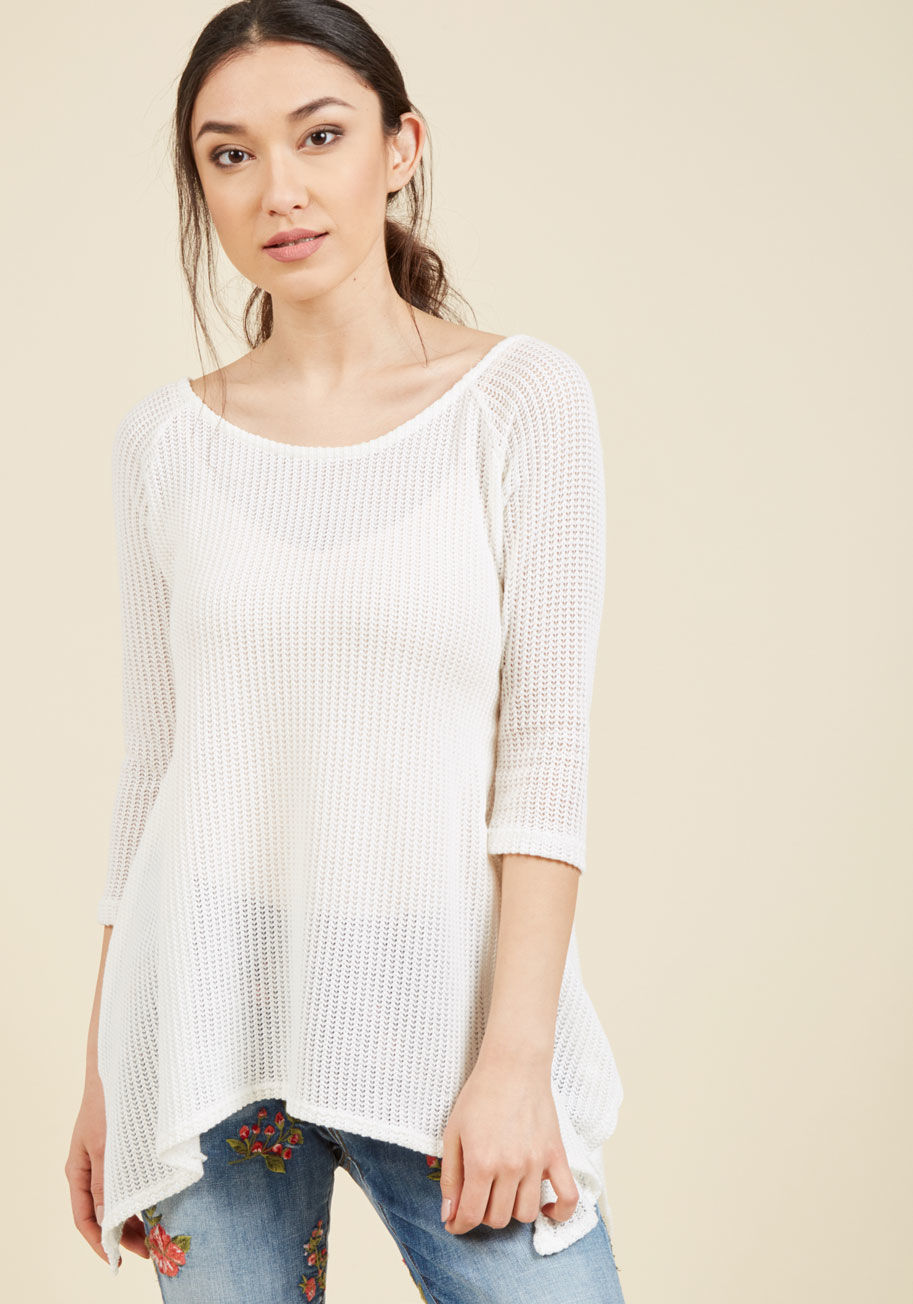  - Not only will this white top kick your day off on the right note - it'll keep it that way! With a soft open knit, a sweet scoop neck, and a swingy handkerchief hem, this 3/4-sleeved sweater keeps your chic comfort intact so you can focus on finding more r