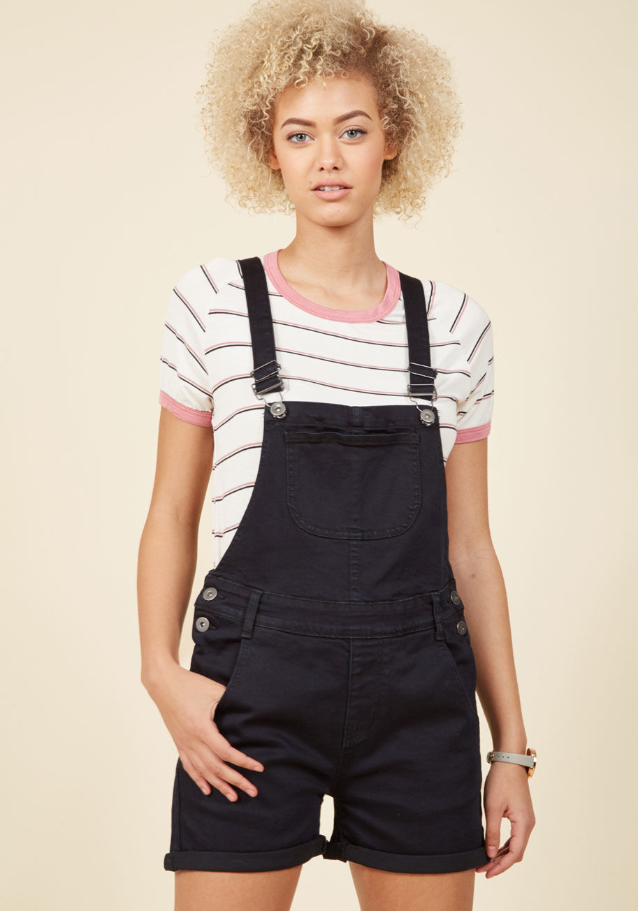  - Once you decide on these denim shortalls for the day, your ensemble is practically finished! All that's left to do is pair a few favorite pieces with the plentiful pockets, cuffed legs, and touch of stretch this ModCloth-exclusive jumper offers, and you'l