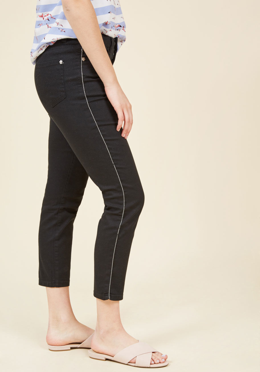  - Personal style isn't all about obvious elements - it's small touches that make an outfit so special! These black pants from our ModCloth namesake label are proof, for their mid rise, black-and-white piped side seams, and floral-shaped grommets imbue their