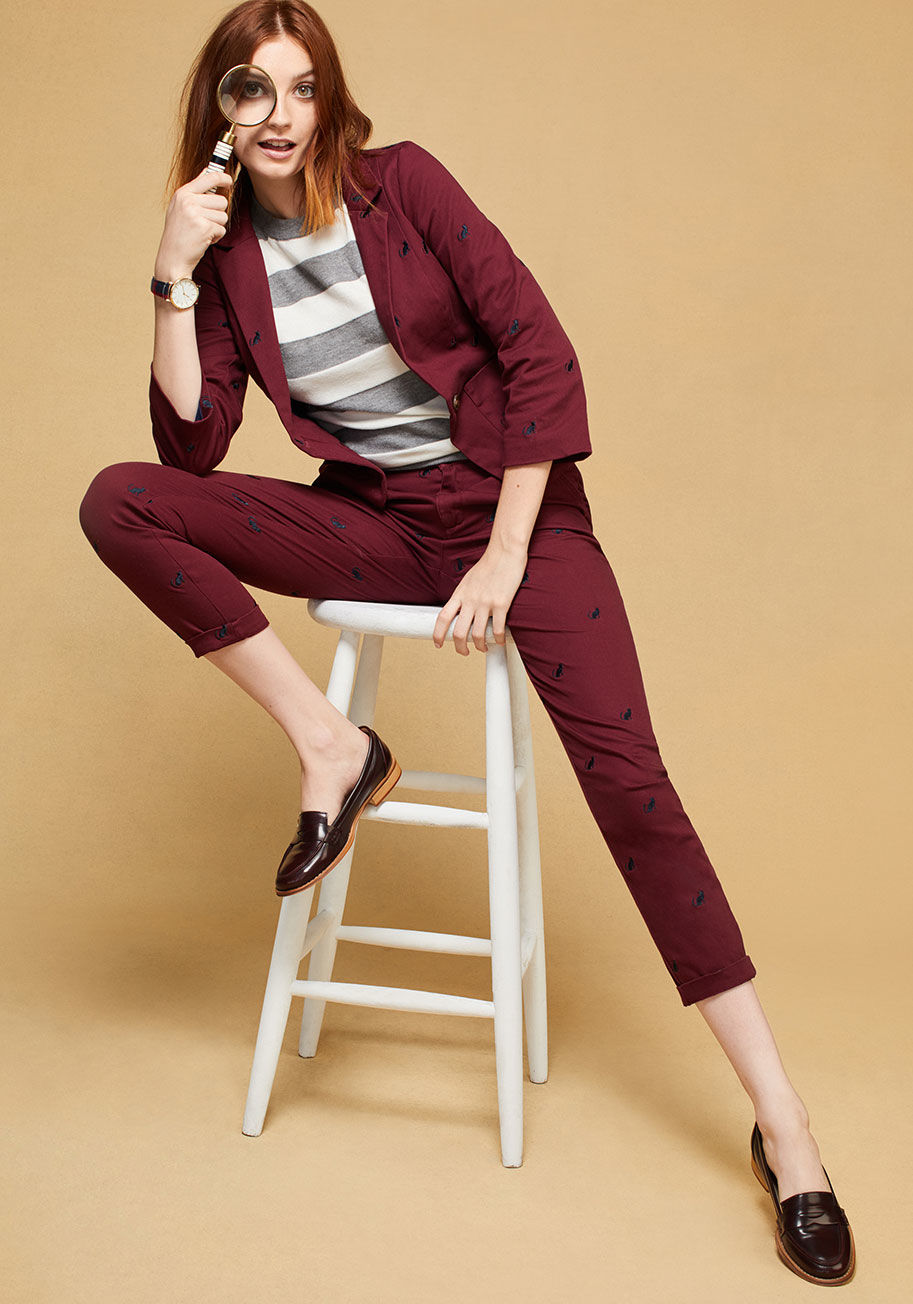  - Prowling around for an ensemble so epic it'll be remembered aeons from its debut? These burgundy trousers from our ModCloth namesake label should do the trick! Made from stretch-cotton twill, these pocketed bottoms are embroidered with petite navy kitties