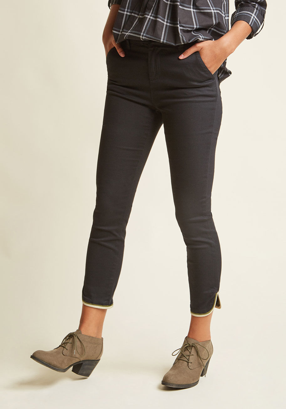  - Pulled-together panache, comin' right up! Just like classic trousers, but updated with unique olive-and-beige piping at the cropped ankles, these black skinnies from our ModCloth namesake label make casual sophistication an effortless endeavor.