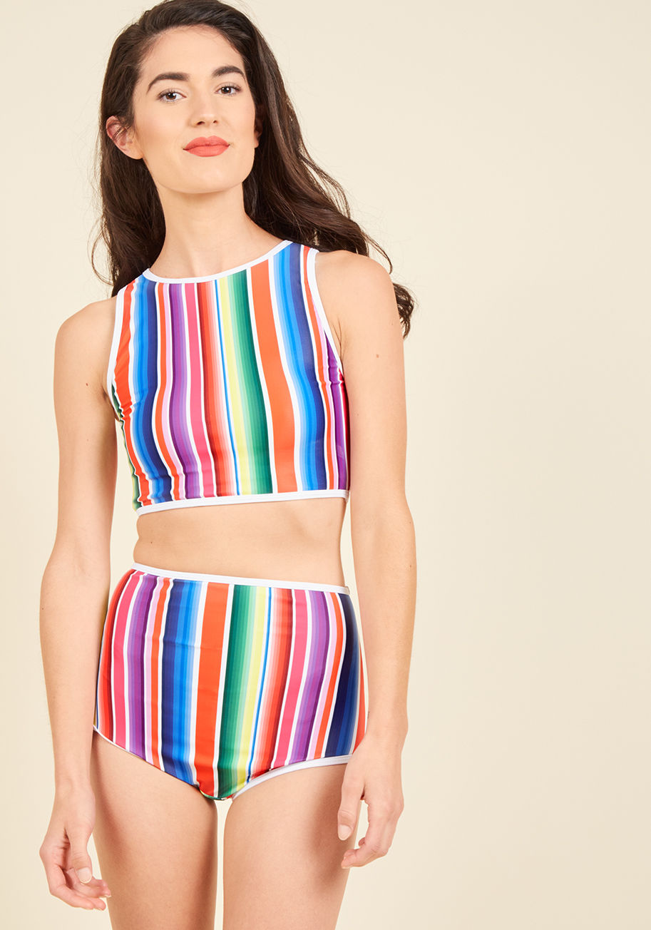  - Shimmy into this striped bikini bottom and dance down to the swim club - every sunbather will want to get a load of this hoppin' high-waisted swimwear! This rainbow-bright style is sassed up with white piping, which will inspire poolside prances all aroun