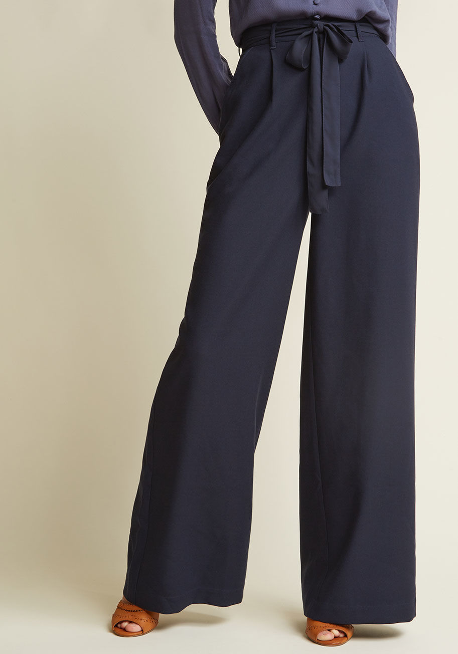  - Style these wide-leg trousers from our ModCloth namesake label any way you please! If you're torn between sleek blouses or casual tees as the best match for this vintage-inspired offering's matching sash, pockets, and solid navy hue, we believe any pairin