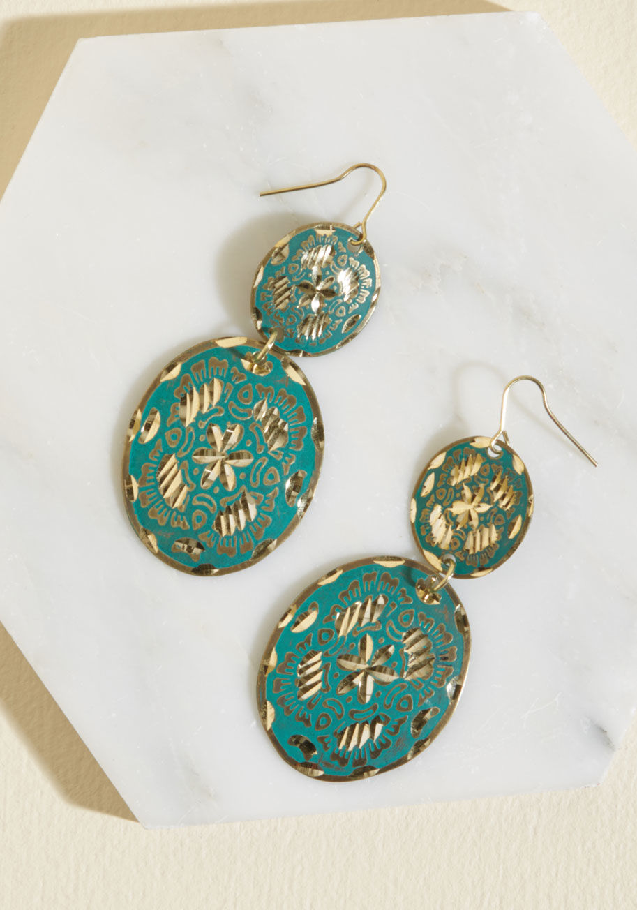  - There's just something special about sporting these antiqued gold earrings! Featuring double discs that dangle beside your smile, a deep aqua hue, and shiny gold nicks, this pretty pair rocks a glimmer of glamour that you're proud to display.