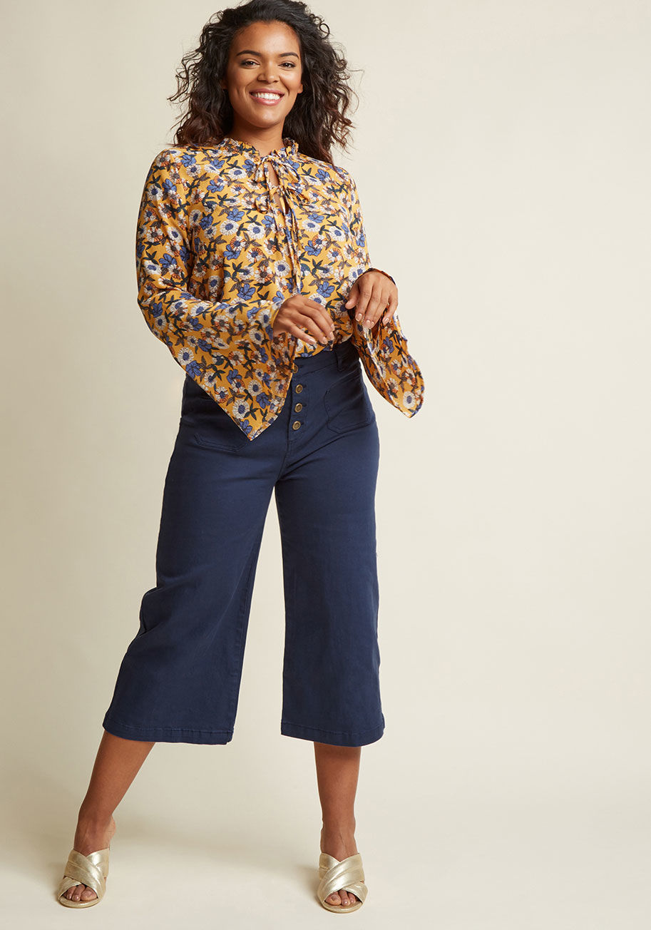  - There's no better rush than spying a look you love, then making it all your own - which is just these navy culottes are for! A versatile find from our ModCloth namesake label, these twill bottoms employ a quad of gold buttons, patch pockets, and a wide-le