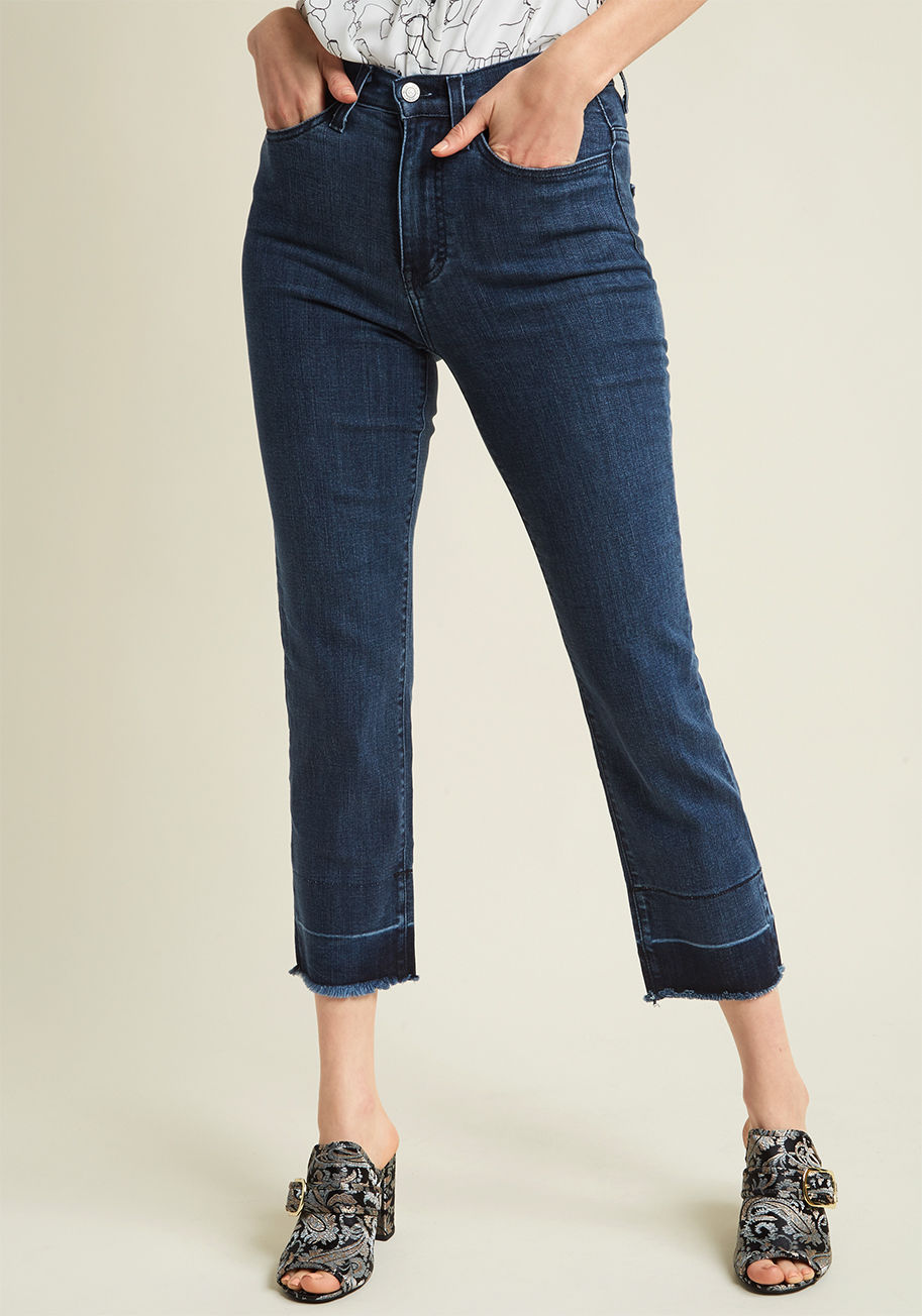  - There's no shortage of show-stopping styles you can create with these cropped skinny jeans as the centerpiece! As if the high waistline and plentiful pockets weren't alluring enough, these stretch-touched capris go one step further with their raw, distres