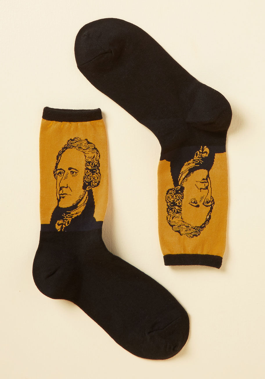  - These black and gold socks earn our vote as the coolest ensemble accent around! Detailed with the undeniable visage of Alexander Hamilton, this presidential pair expertly handles all your footwear affairs.