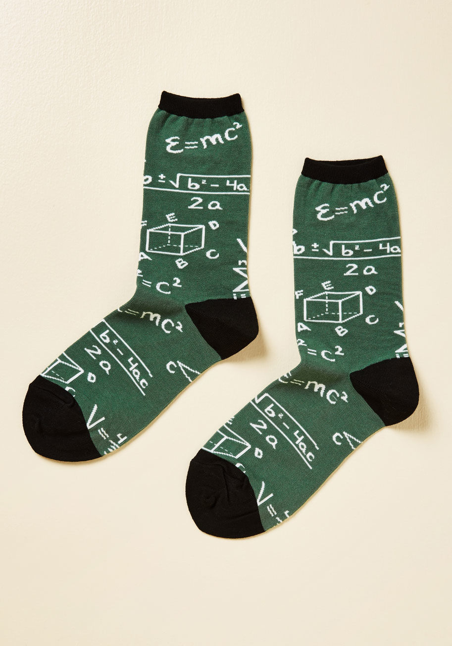  - These dark green socks inspire after-hours innovation. Designed with black trim and white mathematical equations, this geek chic pair is the solution to chilly toes!