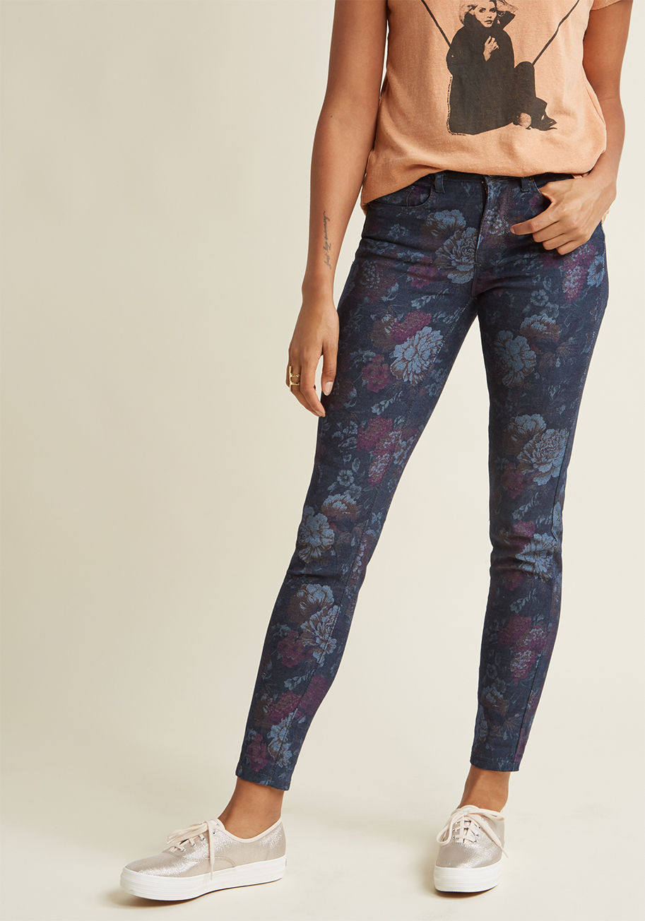  - These dark wash skinny jeans tastefully invite a hint of femininity into your everyday. Patterned with muted magenta, tan, and pale blue flowers and accented with daisy grommets, these ModCloth namesake label bottoms are a sweeter-than-usual staple. Plus,