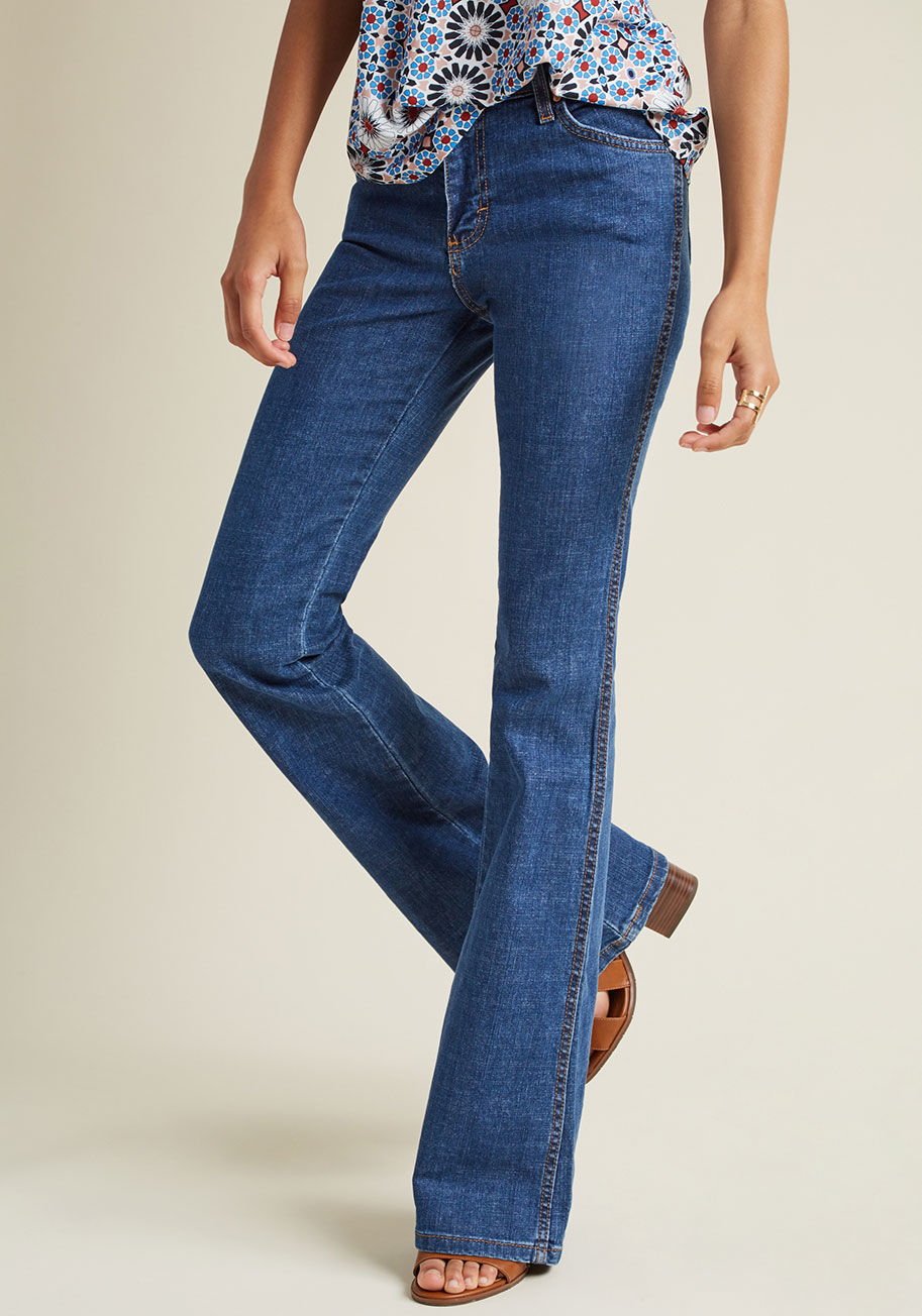  - These flared jeans prove that old school style isn't just an aesthetic you crave - it's the look you live in! Created as part of our ModCloth-exclusive collaboration with Wrangler, these mid-wash, mid-rise, and marvelously golden-stitched bottoms bring ou