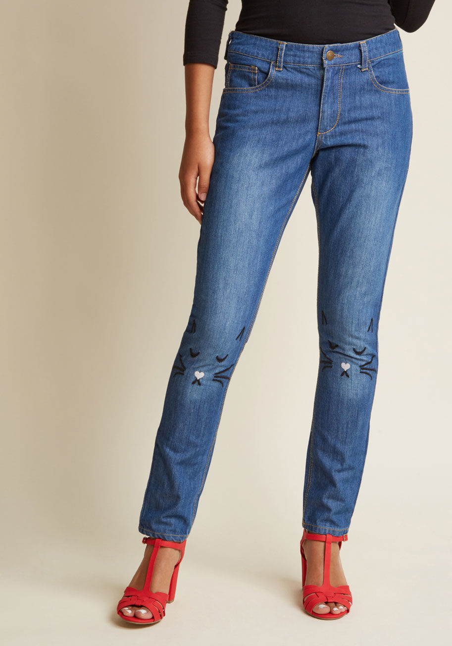  - These straight-leg jeans from Pepaloves are easily the cutest bottoms around - and that's no joke! Embroidered kitty visages complete with heart-shaped noses bring 'purr-sonality' to each knee of this mid-wash pair, emboldening your overall look with conv