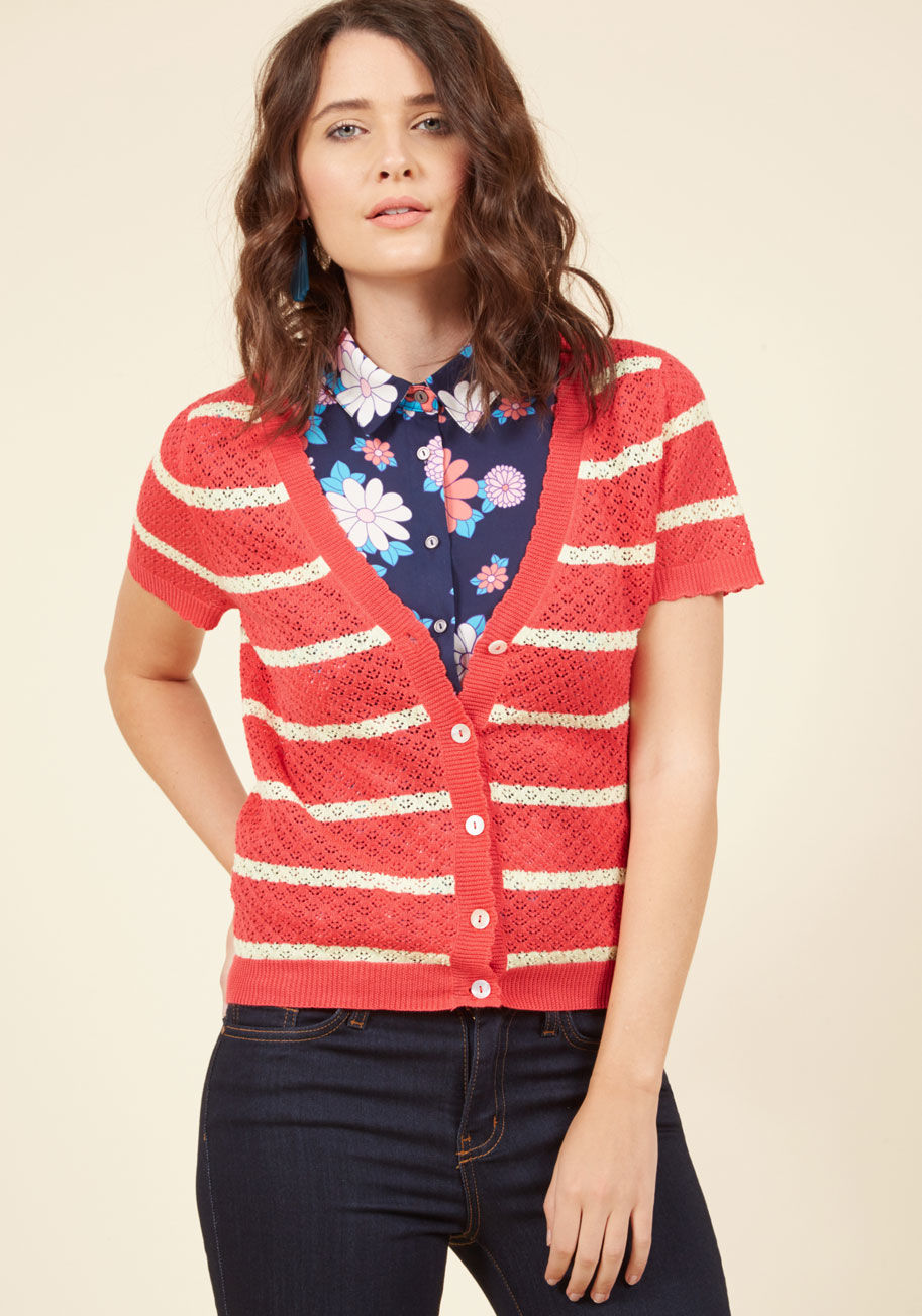  - This coral cardigan from our ModCloth namesake label bestows upon your favorite looks an instantly adorable appeal! Delicate scallops around the neckline, short sleeves, placket, and hem frame the darling picot stitching and cream stripes of this button-f