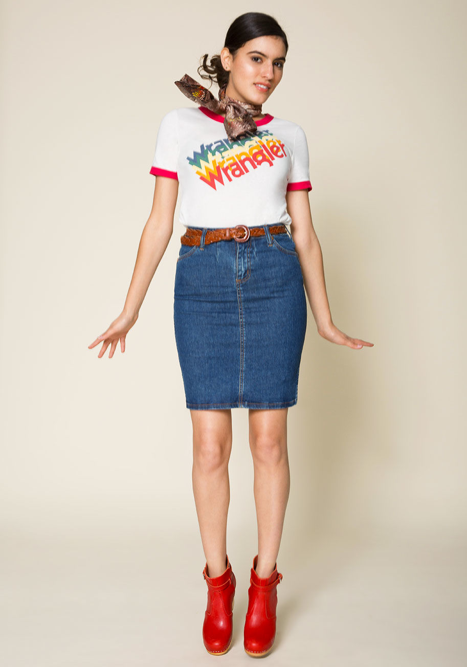  - This denim skirt does total justice to a laid-back look! Perfectly pocketed and detailed with a back vent, this mid-wash garment - created as part of a ModCloth-exclusive collaboration with Wrangler - offers classic style to any outfit you grace with its 