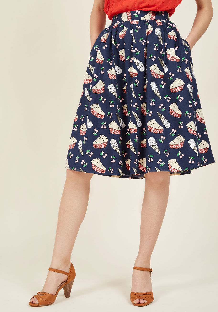  - This navy blue skirt from our ModCloth namesake label is the perfect combo of quirky and classy! Its retro A-line silhouette - complete with a high waist and hidden pockets - welcomes a character-filled pie, ice cream, and cherry print. It's this exact mi